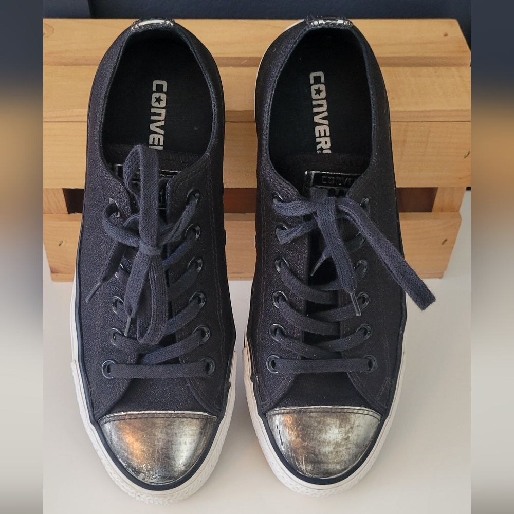 Converse Black Sneakers with Distressed Silver Color Toe Cap, Women's 7 1/2